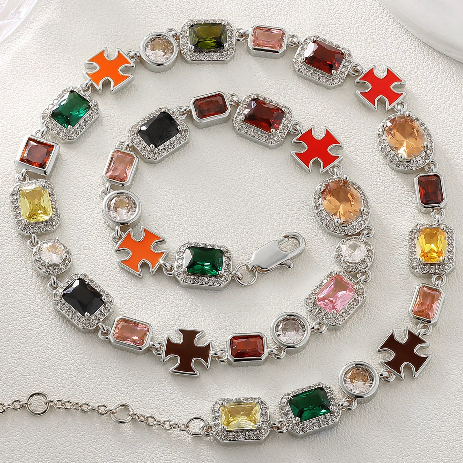 10MM Multi Color Stone Necklace Men Women Hip Hop Jewelry Gemstone Red Blue Black CZ Adjustable Chain Colorful Zirconia Necklace