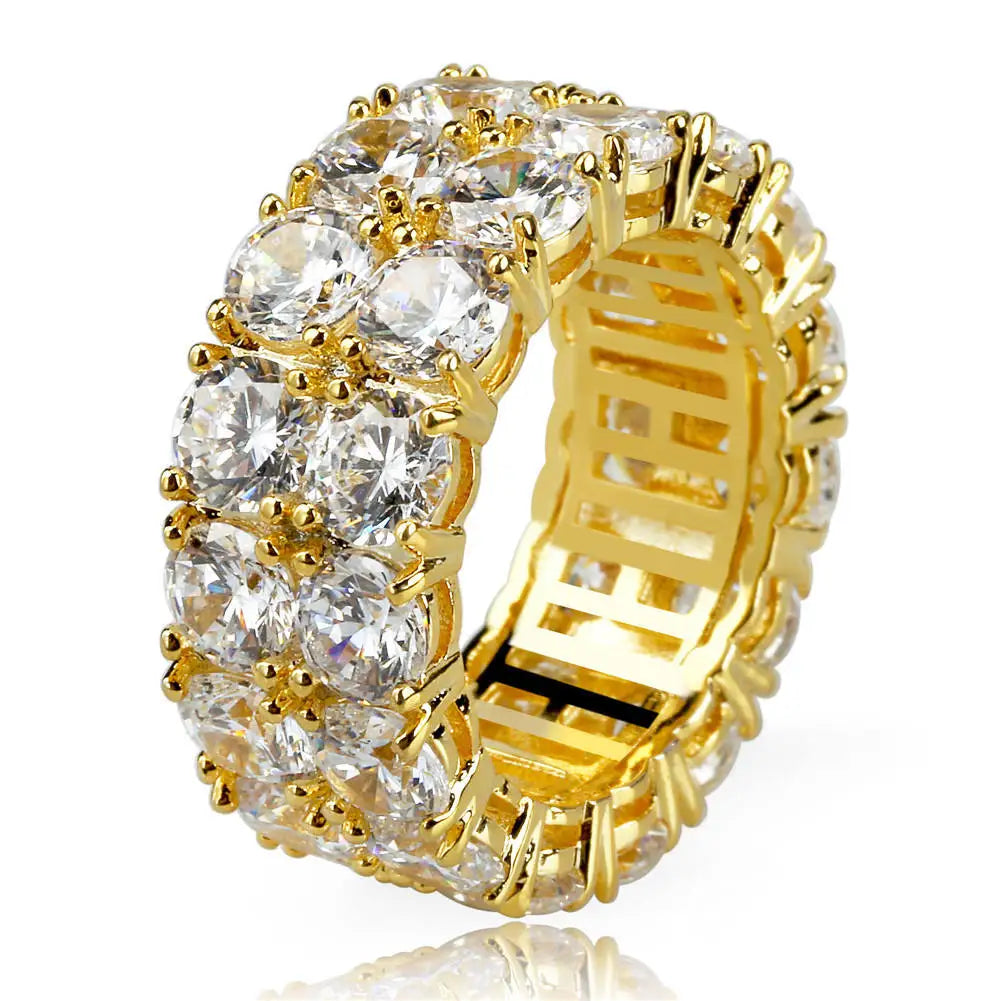 Bold New Design: Plated Ring with Paved 2 Row Chain and Big Zircon Shiny Hip Hop Finger Ring for Men and Women