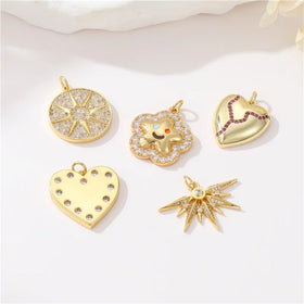 Fashion Brass 14K Gold Plated Zircon Star Heart Round Pendant DIY Necklace Accessories Jewelry Making Charms