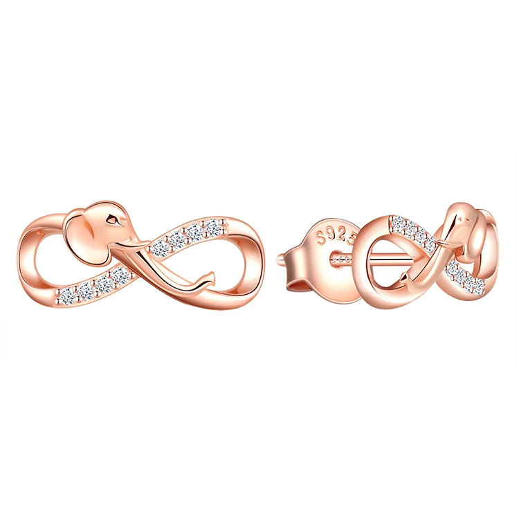 Solid 925 Silver Infinity Elephant Necklace Bracelet Earrings Set with Zircon Rose Gold for Gift or Engagement