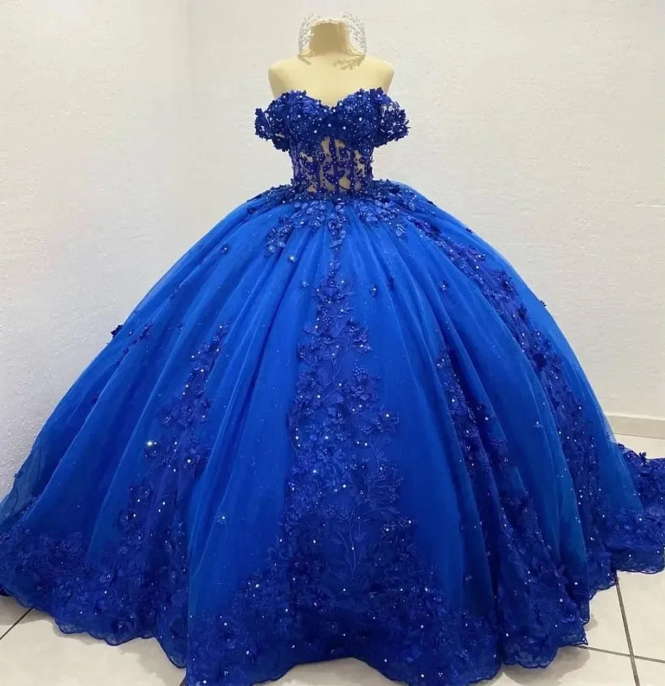Appliqued Off the Shoulder Beaded Sweet 16 Birthday Party Prom Ball Evening Vestidos Royal Blue Quinceanera Dresses MB715