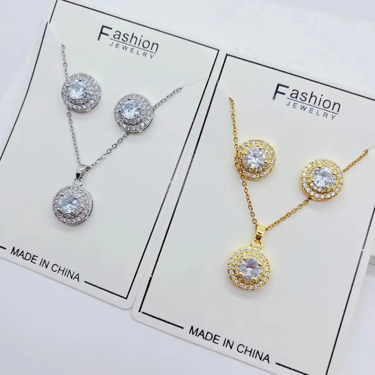 Good Quality 18k Gold Plated Jewelry Circular  Drops of Water  Shape Shiny Zircon Necklace and Earrings Set for Women
