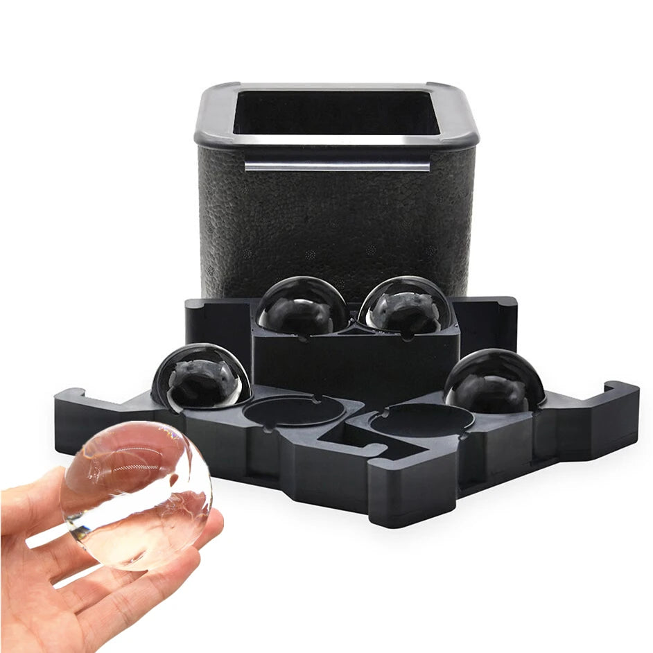 Premium Whiskey Cocktail Drink Large Ice Sphere Tray 2.5 Inch 4 Cavity Crystal Clear Ice Ball Maker Mold with Storage Bag