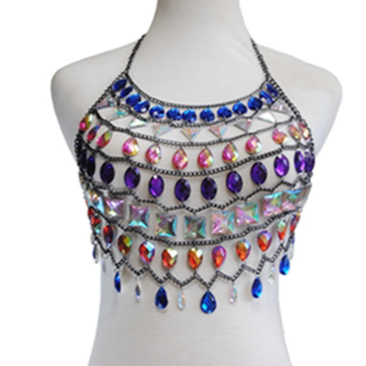 RL-131 Women Multi Color Handmade Night Bar Jewelry Crystal Rhinestone Drop Diamond Backless Hollow Vest Bikini Body Chain