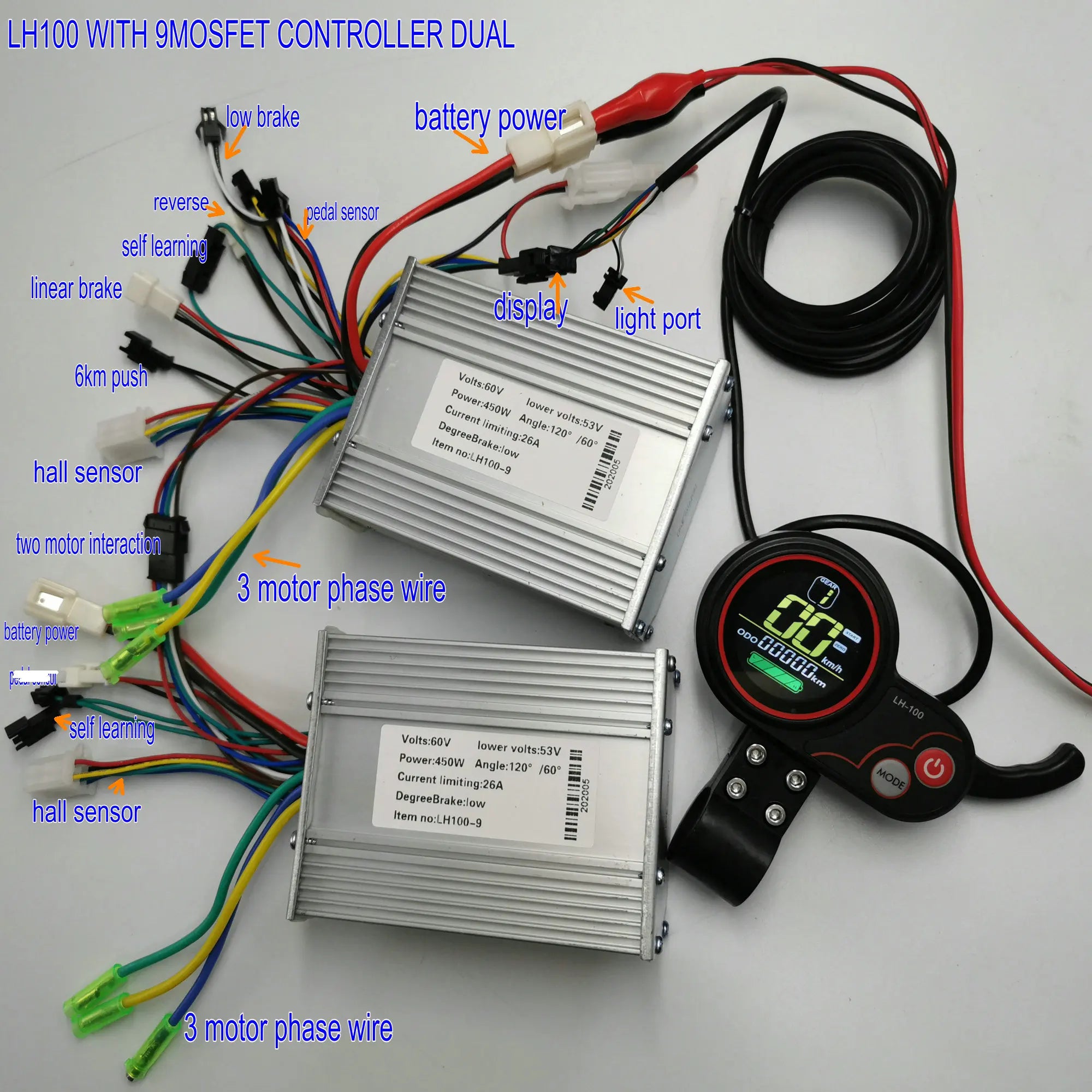 Dual Motor Driven Part 1*LCD Display+2*BLDC Controllers 24V36V48V60V400W-1000W for Electric Scooter Motorbike MTB Atv Snowmobile