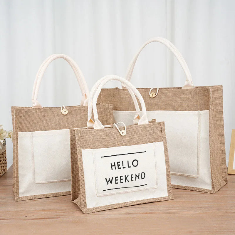 Eco-Friendly Fashionable Foldable Reusable Shopping Tote Custom Printed Logo Natural Linen Burlap Jute Bag Letter Recyclable