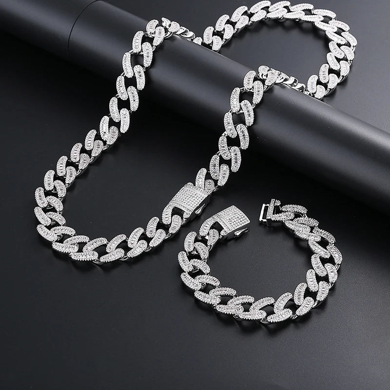 Cuban Bracelet Men Necklace Sparkling Ice Out Diamond Cuban Chain Men Jewelry Set Hip Hop Silver