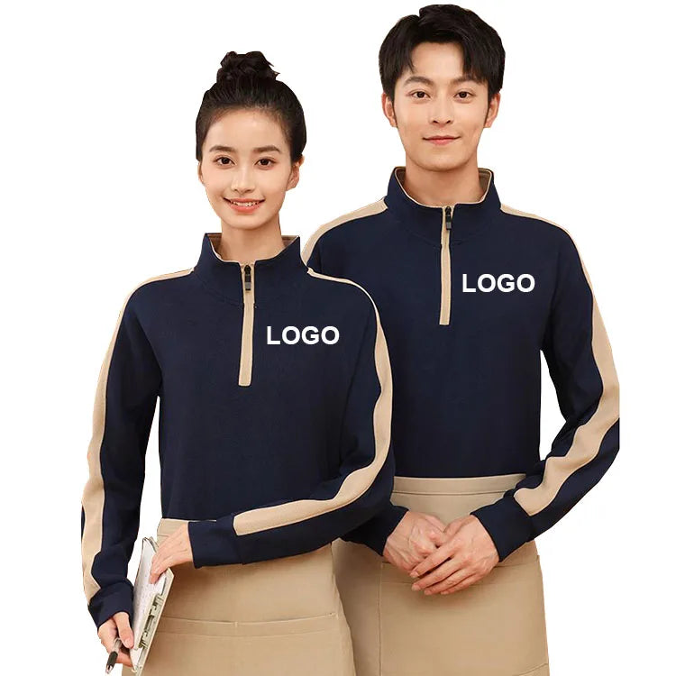 Custom 1/4 Zip Sweatshirt Work Uniform Top Restaurant Bar Waiter Half Zip Fleece Mock Neck Pullover Jacket for Men Women Unisex