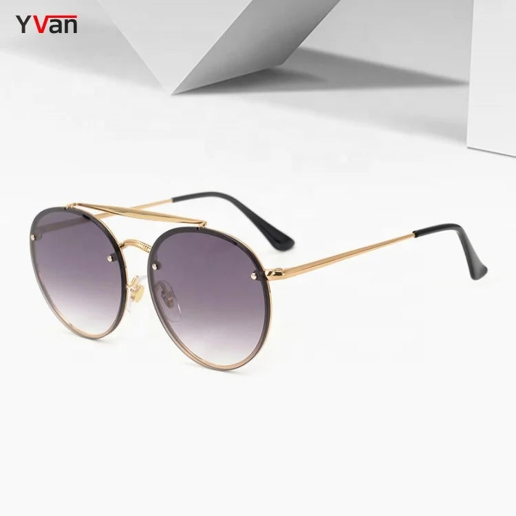 Round Gold Sunglasses for Ladies Metal Sun Glasses Double Bridge Gafas Del Sol Para Mujeres