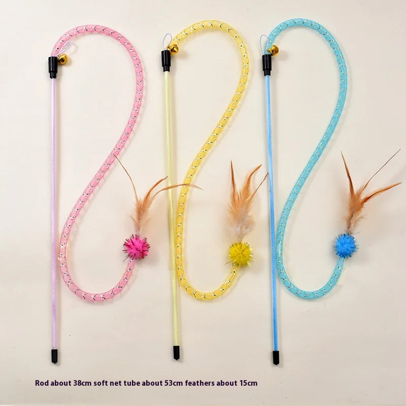 Cat Toy Snake Shape Elastic Network Plush Ball Feather Funny Cat Teaser Stick Interactive  Toy