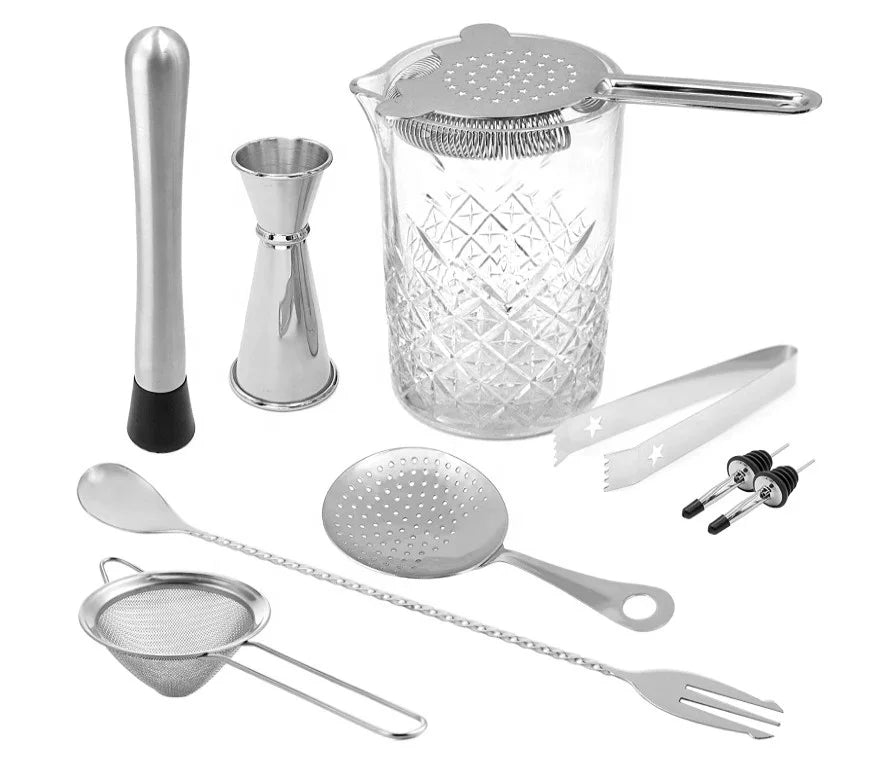 10Pcs Eco-Friendly Metal Barware Set Mixing Glass Stainless Steel Jigger Food Safe Cocktail Tools for Home Bar Use Customized