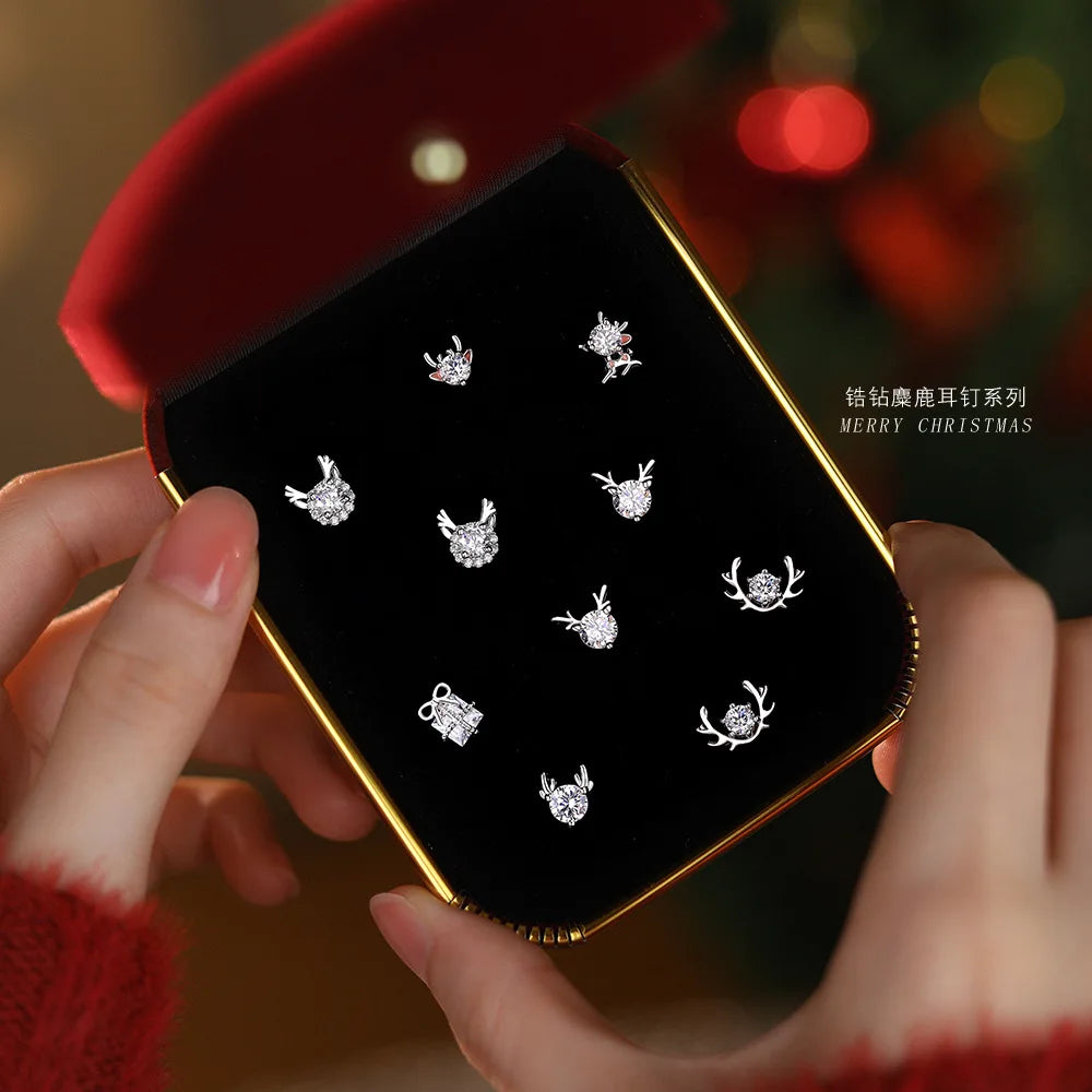 Fashion Christmas Jewelry S999 Pure Silver Zircon Antler Earrings for Women Simple Elk Earrings Christmas Gift