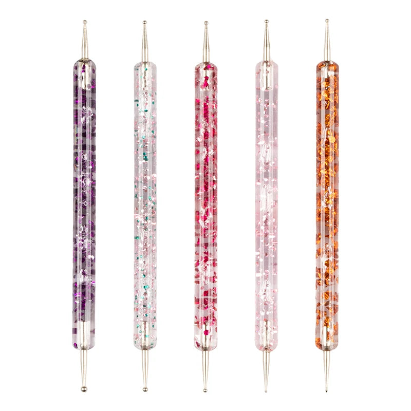 Professional Dual Ended Metal Nail Art Design Dotting Tool Pen Brushes Set with Diamond Rhinestone for Salon Use