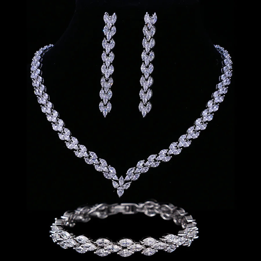 2022 Wholesale Wedding Jewelry Set Crystal Earring Necklace Bracelet Luxury Bridal Marquis Zircon Jewelry Set for Women
