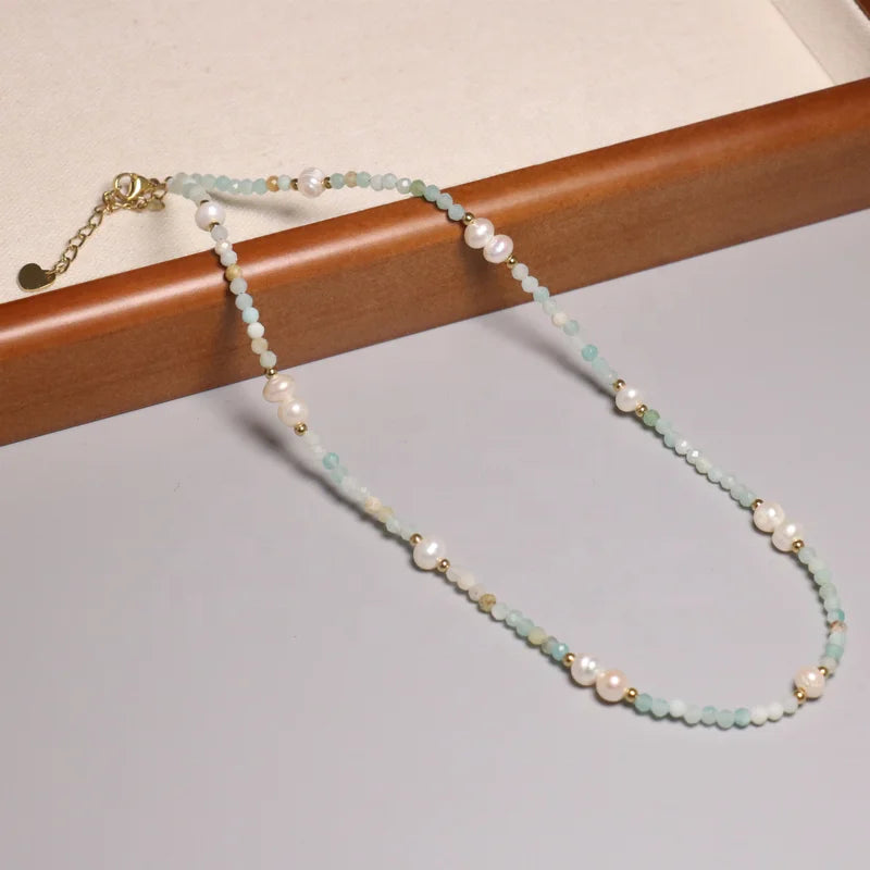 Minimalist Amazonite Healing Stone Faceted Beaded Necklace for Women Men Pearl Charm 14K Gold Plated Adjustable Chain Choker