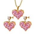 NS1256 Non Tarnish 18k Gold Plated Stainless Steel Sparkly pink Diamond CZ Cubic Zirconia Heart Pendant Necklace Earrings