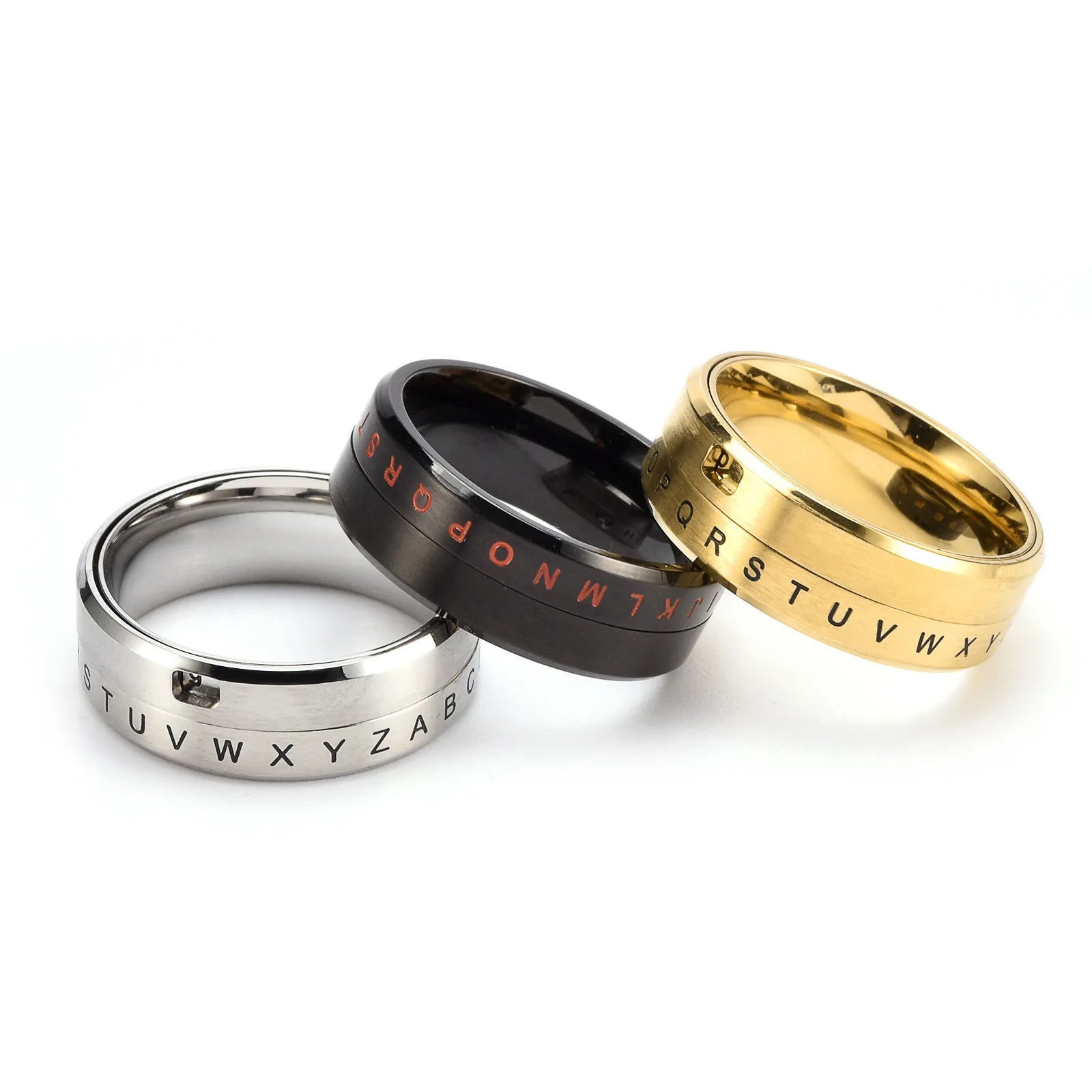 Stainless Steel 18k PVD Gold Plated Secret Decoder Window Cipher Lucky Number Rotating Spinner Ring