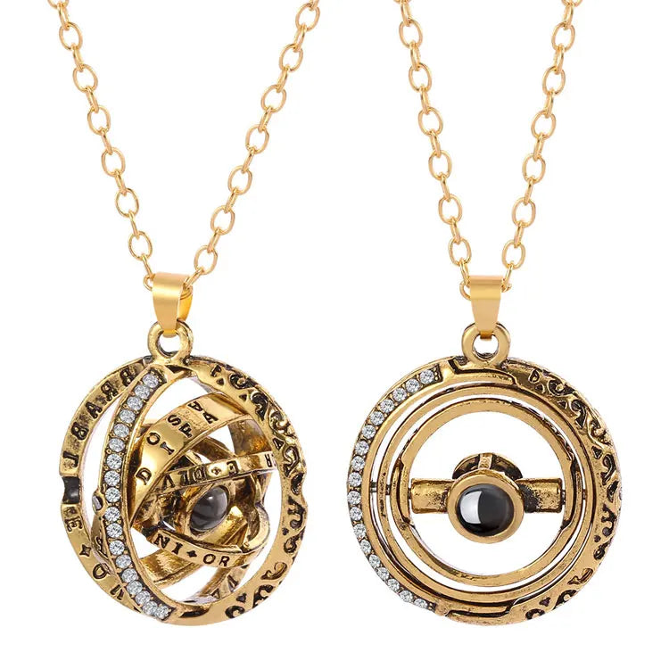 SC Fashion 100 Languages I Love You Necklace TikTok Hot Antique Gold Rotatable Astronomical Ball Projection Necklace Women Men