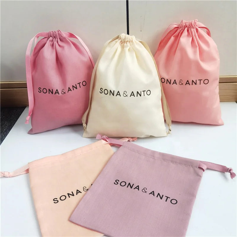 Recycled Muslin Cotton Drawstring Pouch 7x9inch with Ribbon Cute Color Logo Jewelry Makeup Packaging Eco-Friendly Cotton Bags