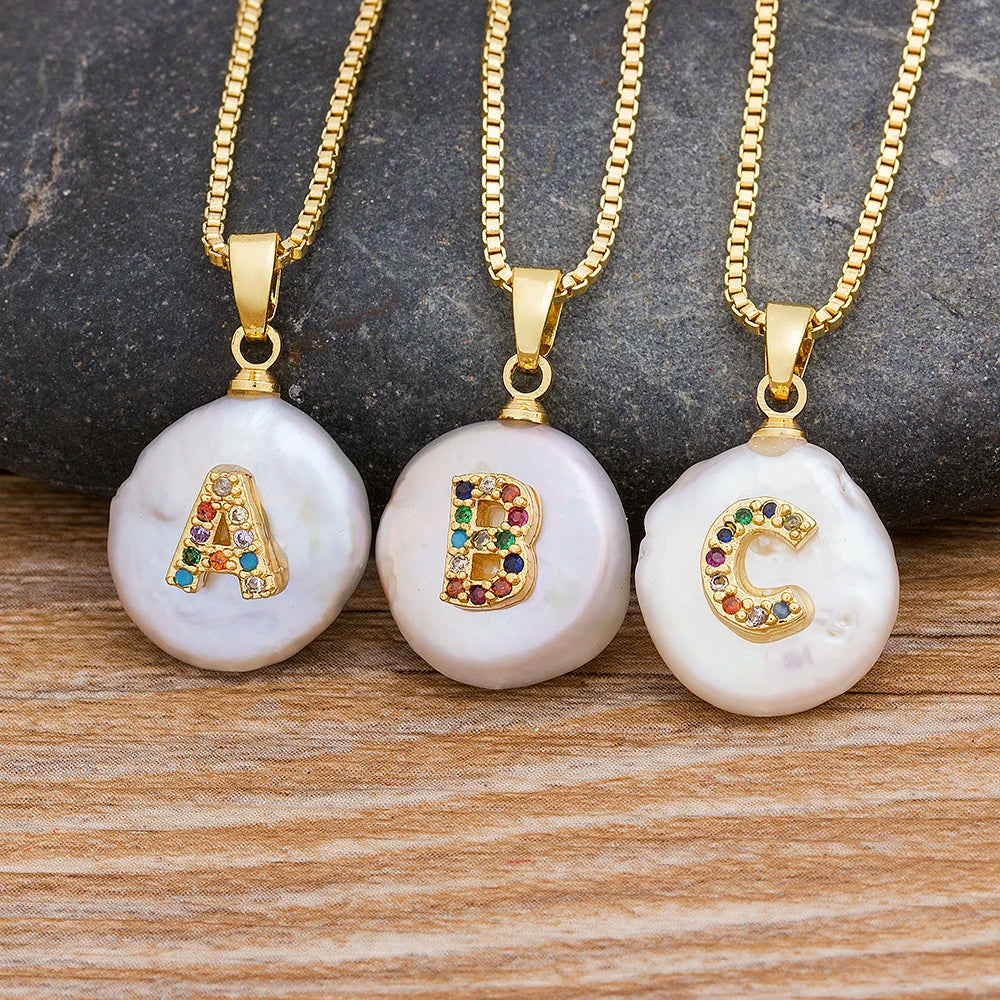 QIKU Shell Design A-Z 26 Initial Letter Women Necklace Copper Chain Colorful Zircon Pendant Jewelry Gift Wholesale Dropshipping