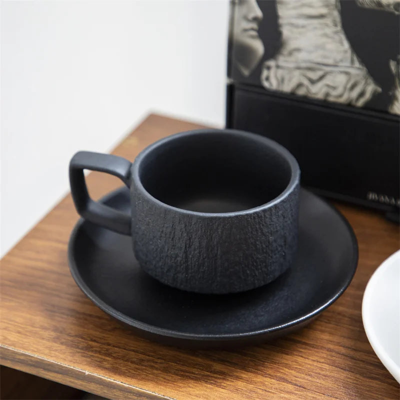 Solhui Retro Ceramic Mugs Black and White Stone Texture Coffee Cup and Saucer