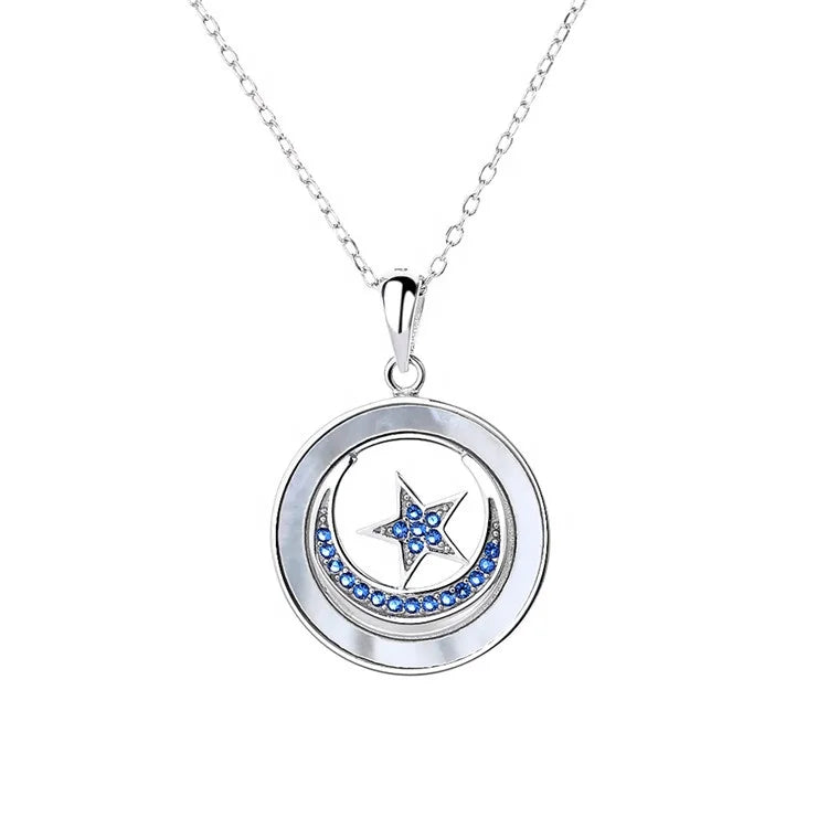Beauty 925 Sterling Silver Moon and Star Pendant Thin Chain Necklaces Rose Gold Cubic Zirconia Rhinestone Moon Necklace