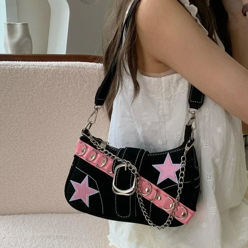 Cool Y2k Style Women's Shoulder Bag Sweet Pink Star Rivet Female Small Underarm Bags Chain Design Ladies Clutch Purse Handbags