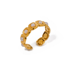 J&D Jewelry New Arrival 18K Gold Plated Stainless Steel Pave White Pearl Open Ring for Girls