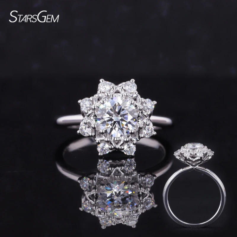 Starsgem Fine Jewelry 18K White Gold Trendy Style Flower Halo Round Brilliant Cut Lab Grown Diamond IGI  Engagement Wedding Ring
