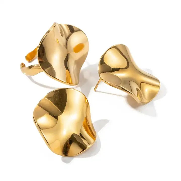 New Gold Plated Jewelry Set Waterproof 18K Gold-plated Stainless Steel Earrings Circular Pleated Texture Stud Ring for Women