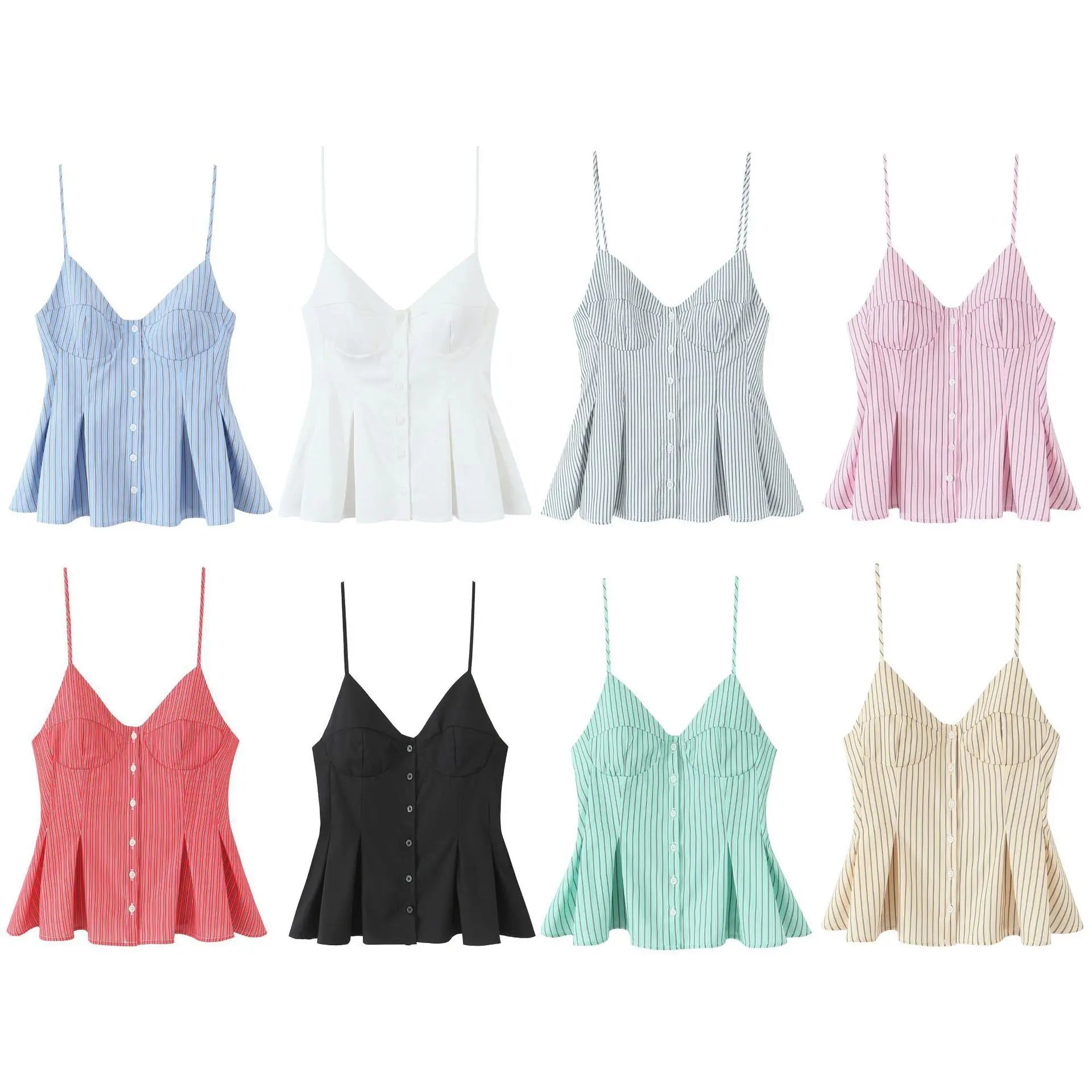 Ladies New Fashion Pleated Poplin Top Tank Tops Striped Camisole Retro Backless Women Cami Tops