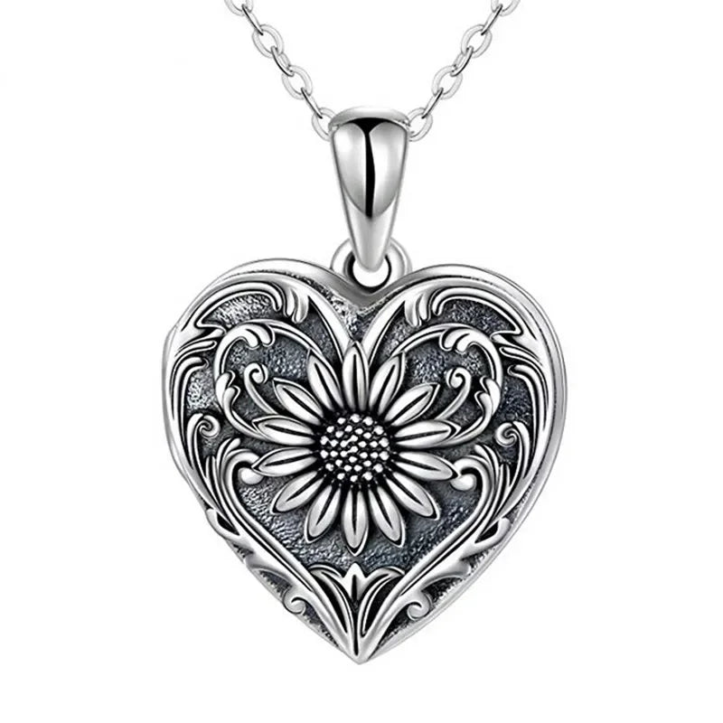 BOCAI S925 Silver Fine Jewelry Retro Vintage Heart-Shaped Sunflower Pendant Fashionable Accessory for Men Women's Birthday Gift