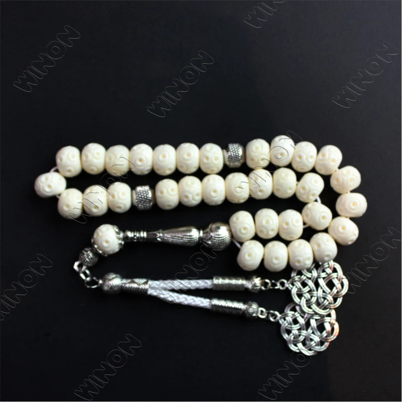 Genuine Yak Bone Silver Plated Tassel Muslim 10mm 33pcs Prayer Beads Islamic Tasbih Tesbih High End Rosary Perfect As Gift
