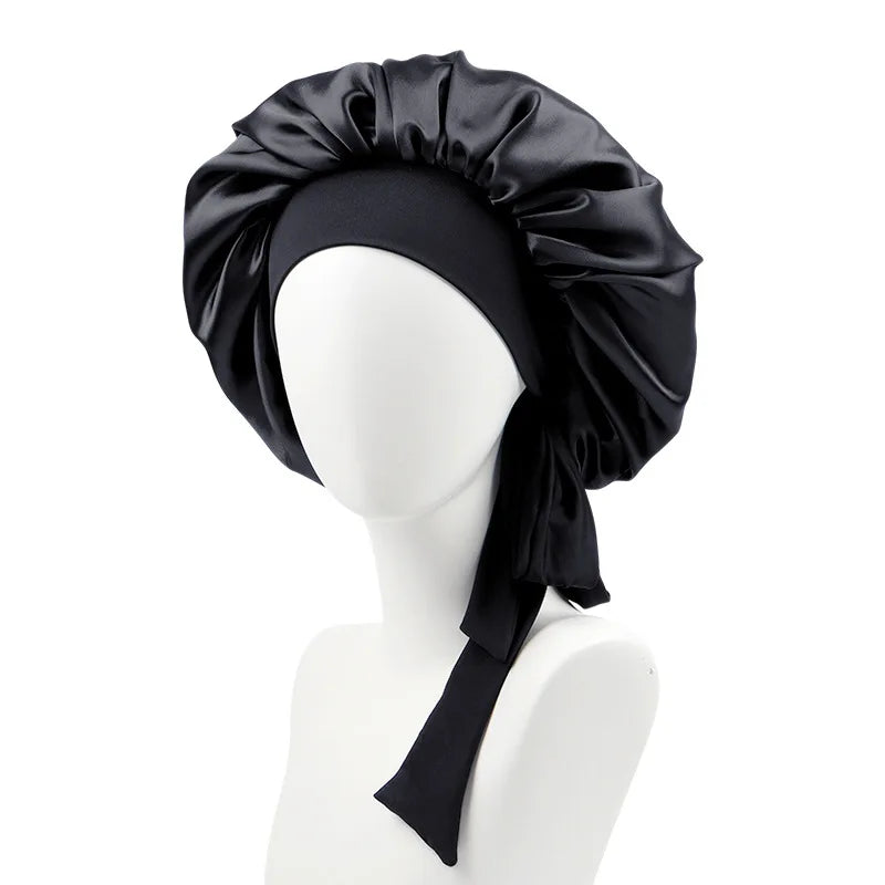 Custom logo Curly Hair Night Cap Satin Bonnet Sleep Hat Hair Bonnet Hat With Elastic Tie Band