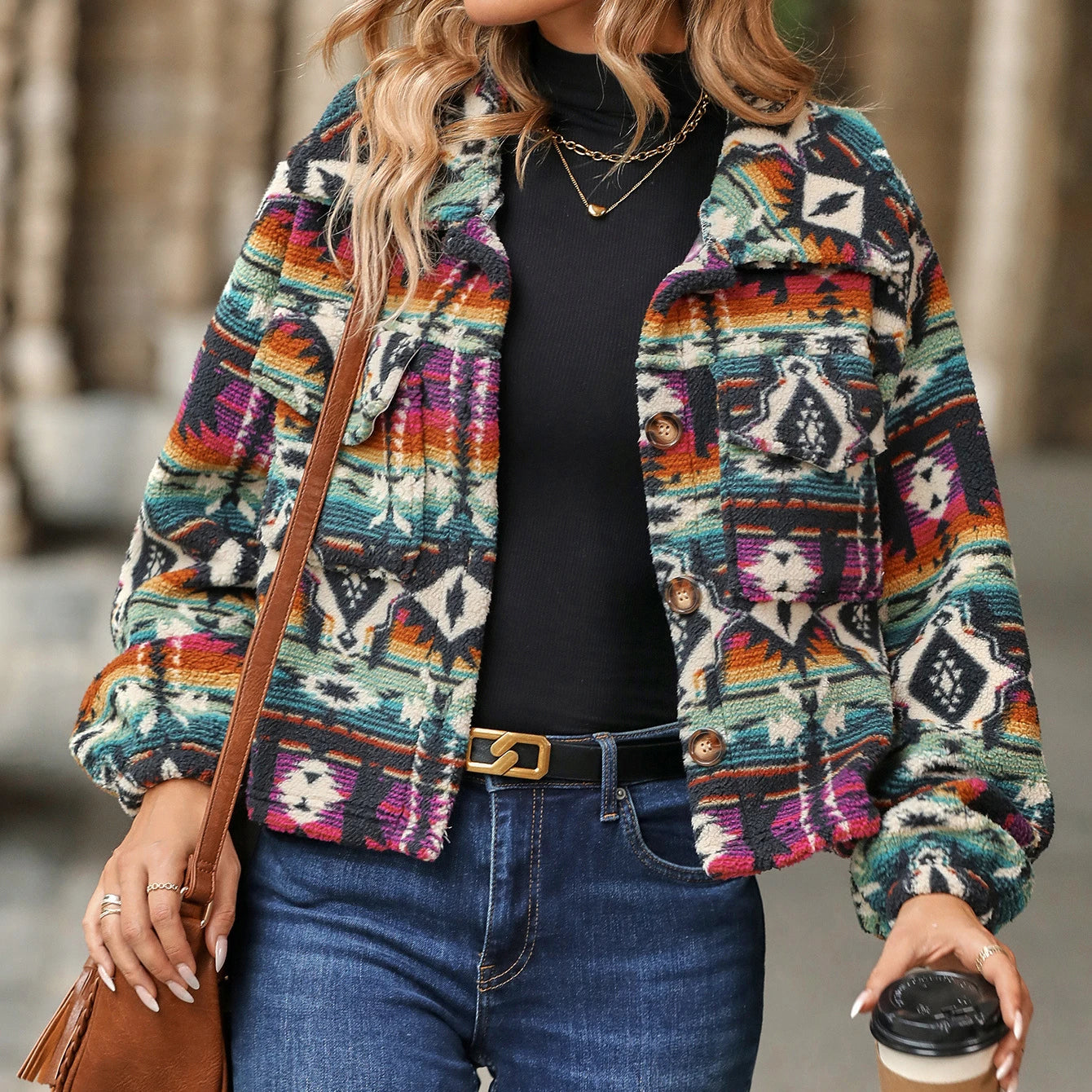 Women's Vintage Geometric Pattern Soft Fleece Single Breasted Anti-Wrinkle & Anti-Shrink Cropped Jacket 100% Polyester 2026
