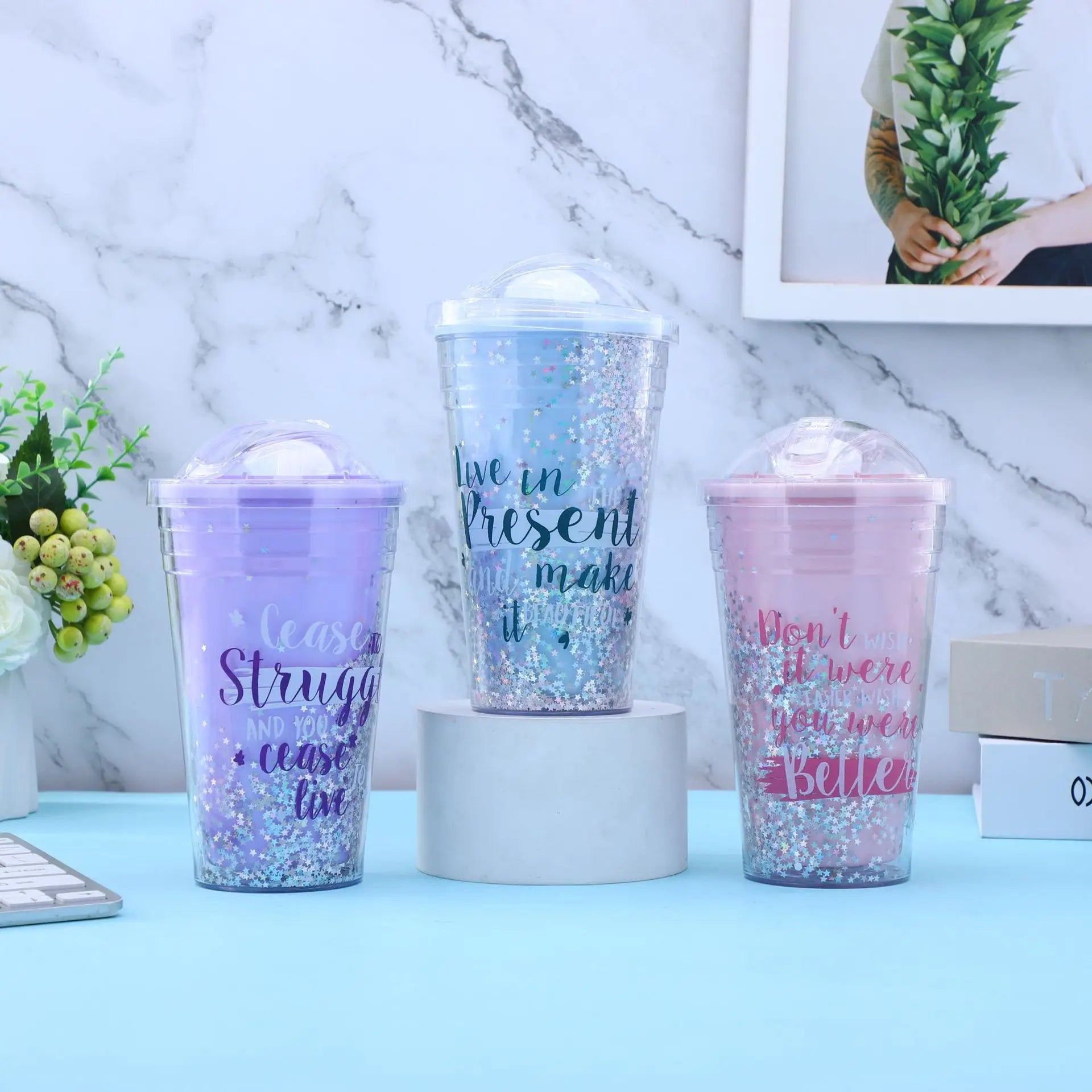 Wholesale 12oz Plastic Glitter Cup with Lid and Straw Double Wall Tumbler Cups in Bulk Acrylic Coffee Mug