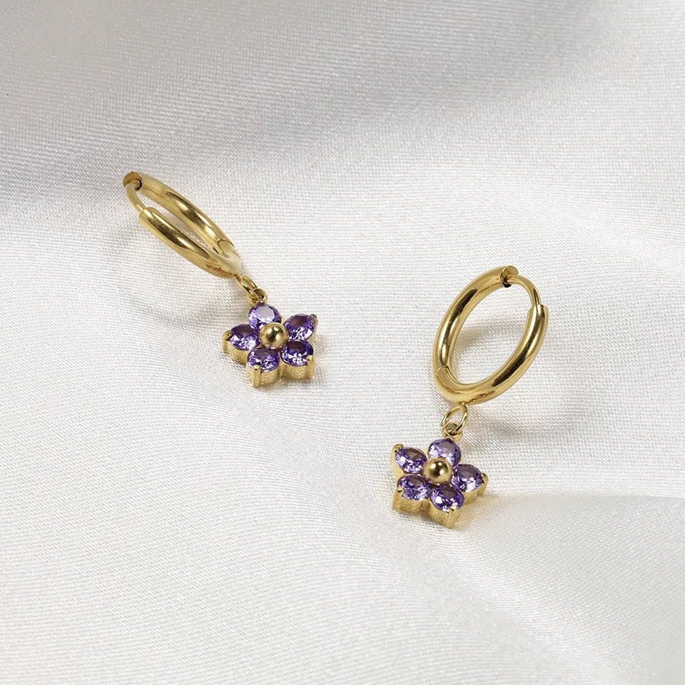 Exquisite 14K Gold Plated Stainless Steel Hoop Earrings Colorful Zircon Cute Flower Dangle Drop Earrings for Women