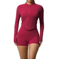 Women's Compression Stretchy Fitness Shorts Jacket Set Soft Front Zipper Cropped Long Sleeve Plus Size Logo Waist Stylish Girls