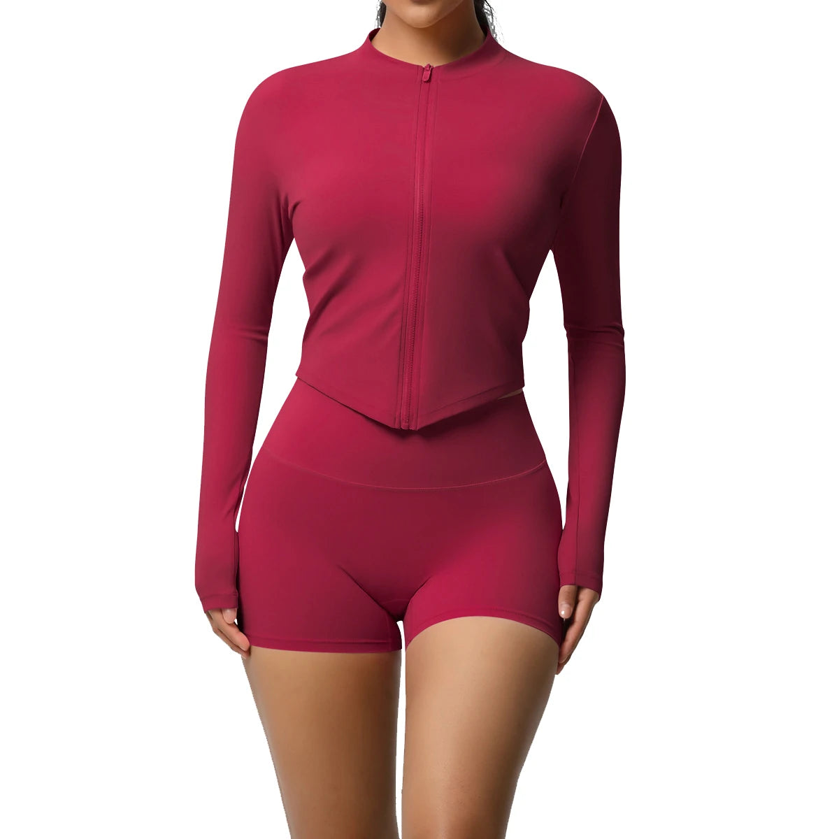 Women's Compression Stretchy Fitness Shorts Jacket Set Soft Front Zipper Cropped Long Sleeve Plus Size Logo Waist Stylish Girls