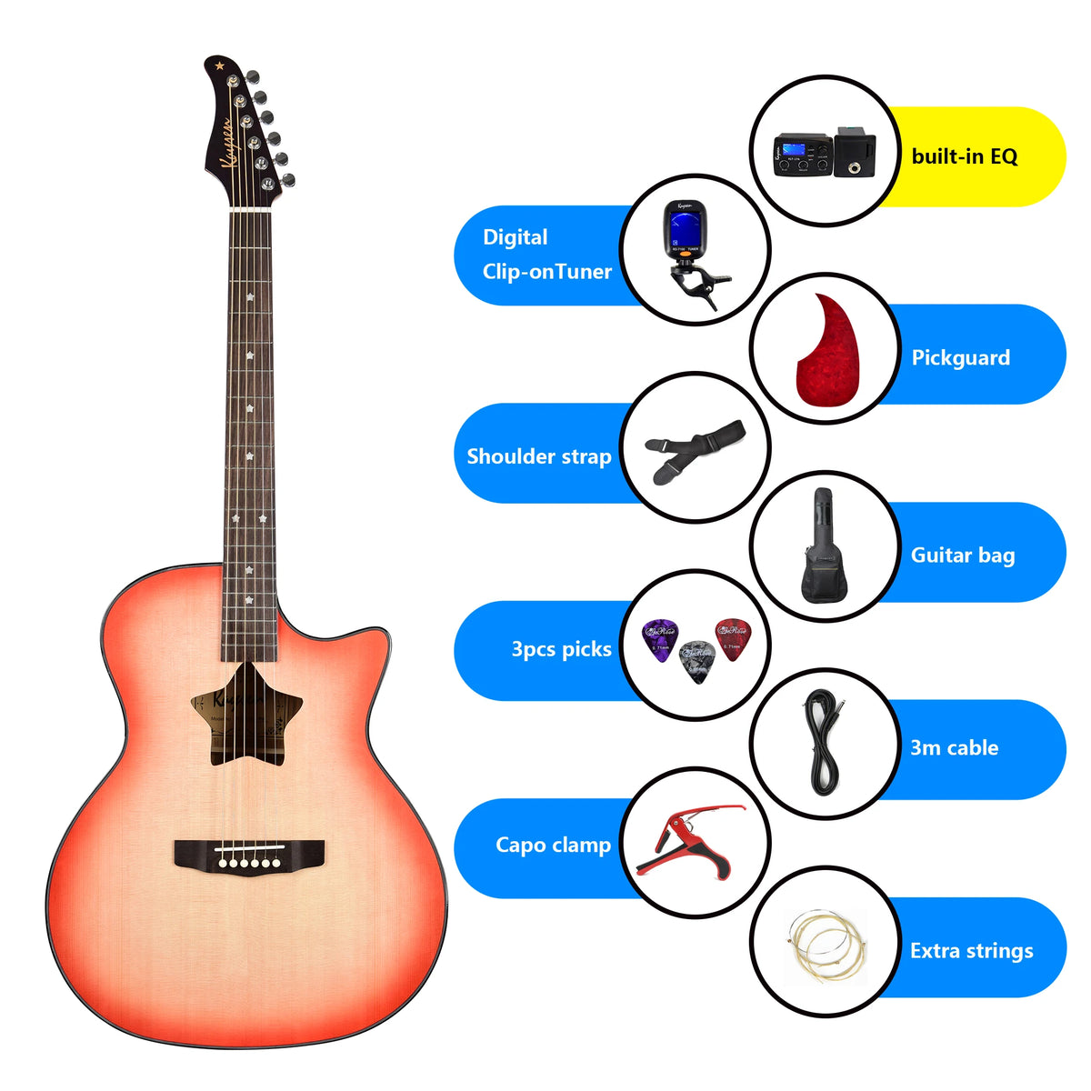 Wholesale Kaysen 41inch GA Body Solid Spruce Top Star Sound Hole Design Acoustic Guitar Electric Pack Built-in EQ