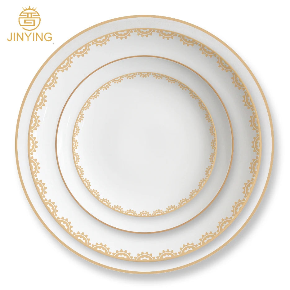 Modern Luxury Gold Line Bone China Dinner Set Porcelain Dinnerware with Charger Dessert Plate
