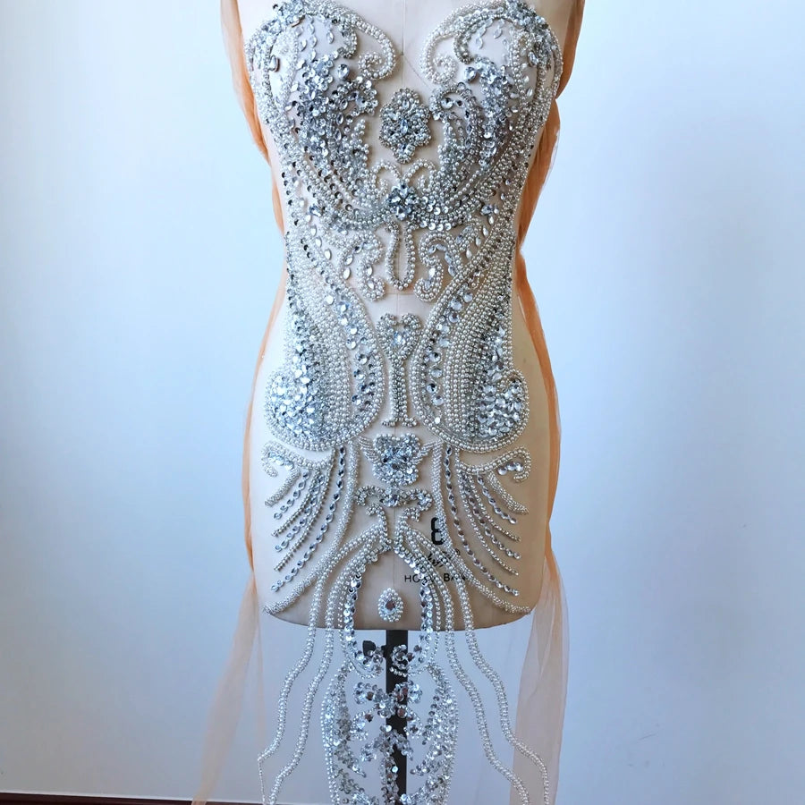 QUEENS GOWN Luxury Handmade Rhinestone Beaded Crystal Big Piece Appliques Patch for Dress