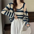 Cis Women's Two-Piece Set Hollow Striped Sweater Spaghetti Strap Vest Cardigan Knitwear Front Logo Button Winter Style
