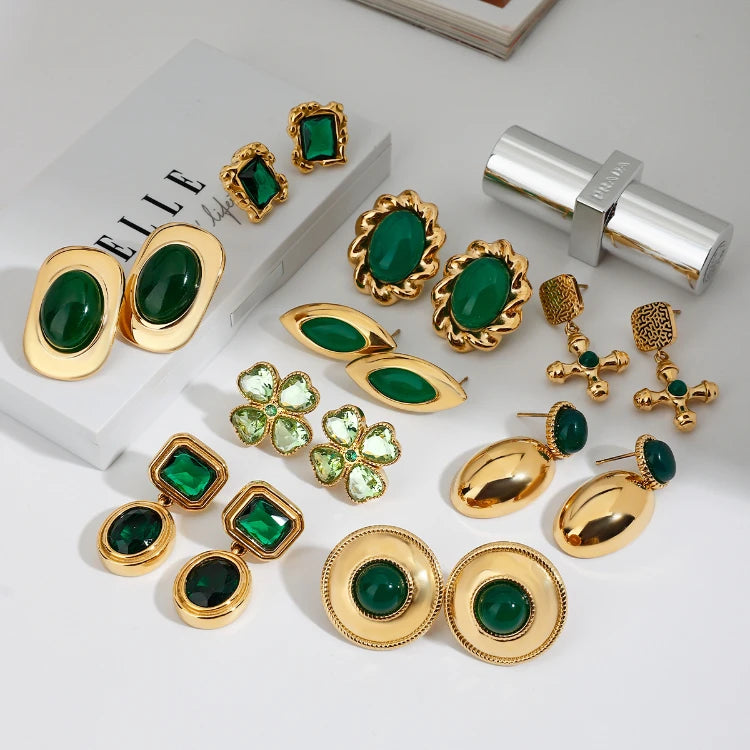 MC241 Wholesale 18k Gold Plated Stainless Steel Earrings Vintage Green Agate Earrings Fashion Jewelry Stud Earrings for Women