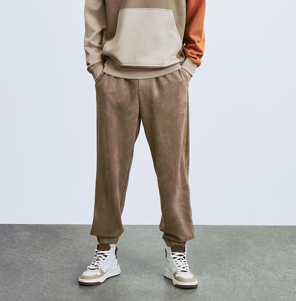 Custom Men's Suede Trousers From China Factory Casual and Fashionable Pants with Elastic Waist Embroidered Technics