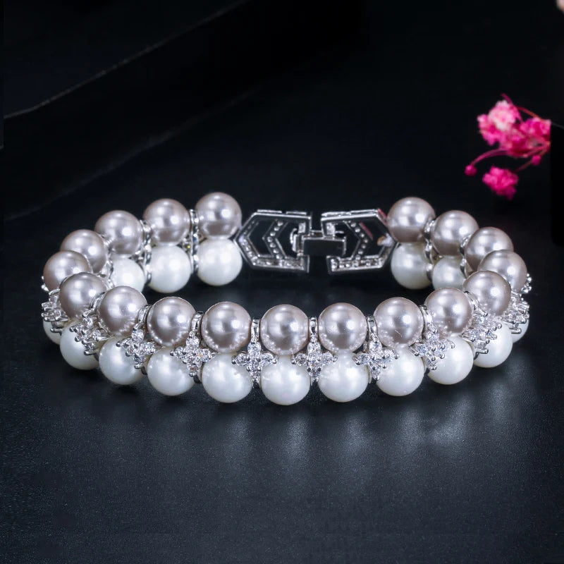 Dainty Elegant Silver Color Big Wide White Gray Round Pearl Bead Bracelets with Cubic Zircon Women Wedding CZ Jewelry Gift