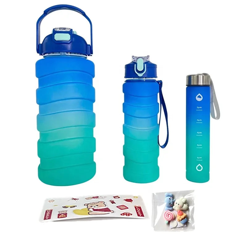 3 in 1 Non-Toxic 3pcs Set 2L Motivational Leakproof Plastic Water Bottle Reusable for Running With 3D Stickers Gym