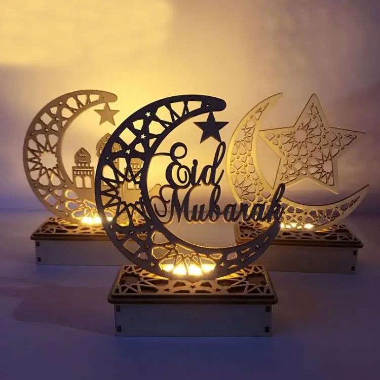 Moon Star Shape Wooden Eid Mubarak LED Stand Centerpieces for Mosque Muslim Eid Mubarak Decoration Ornament X0944