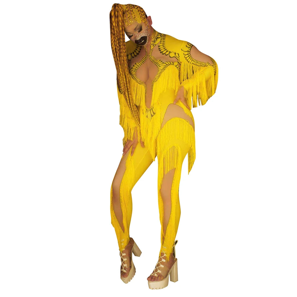 Yellow Party Jumpsuit Print Stretch Skinny Fringes Rompers Women Performance Wear Stage Costumes Party Tassel Bodycon