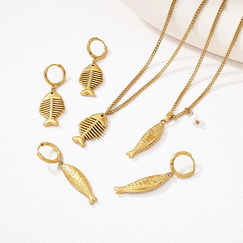 Fashion Summer Stainless Steel Jewelry Wholesale 18K Gold Plated Fish Pearl Charms Accessories Necklace Earrings Sets for Women